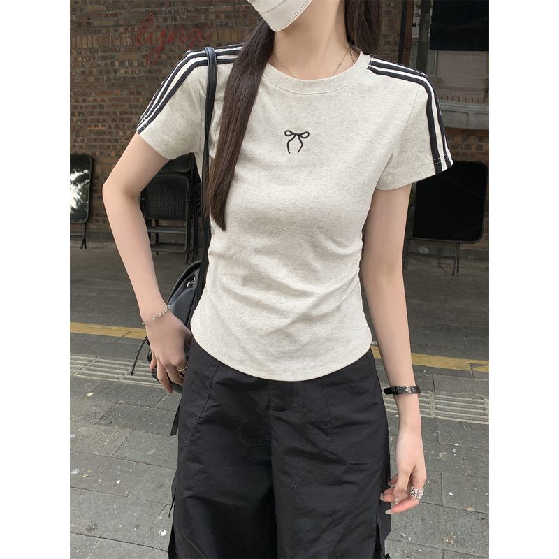 Kumikumi Design Sense Bow Embroidered Shoulder Short sleeve T-shirt Women clothes Summer Slimming Versatile Chic Top