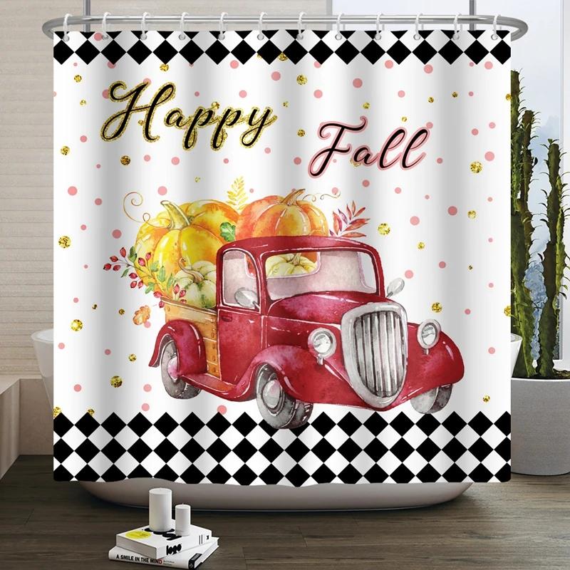 Hello Fall Shower Curtain Autumn Maple Leaves Pumpkin Bathroom Decor Polyester Fabric Cloth Shower Curtain With Hooks Room Decor