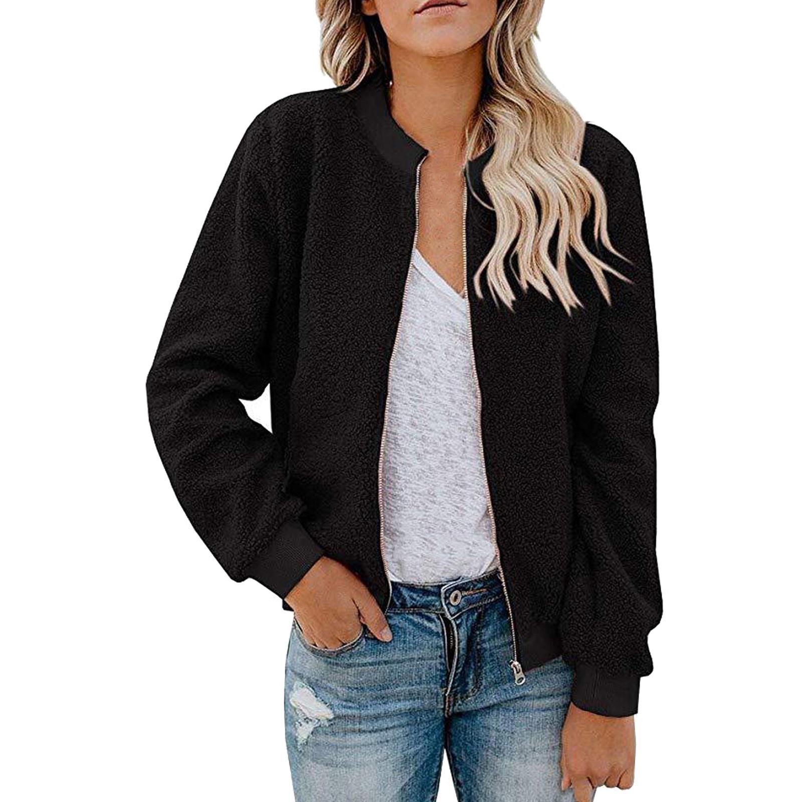 Women s Crew Neck Long Sleeve Fleece Jacket Loose Fit Solid Color Zip Up Bomber Coat S