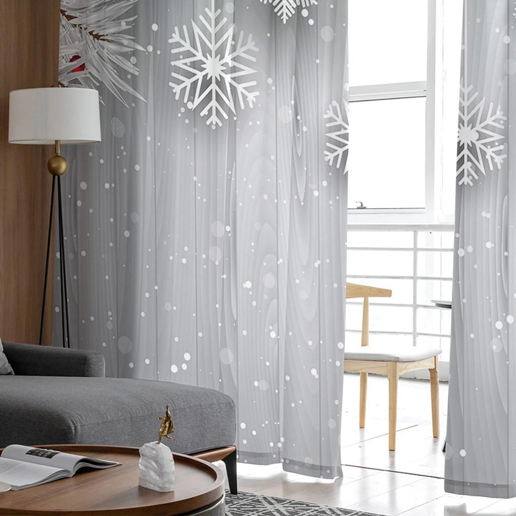 Christmas Pine Needles Snowflakes Wood Grain Sheer Curtains Living Room Decoration Window Curtains Kitchen Tulle Voile Curtains