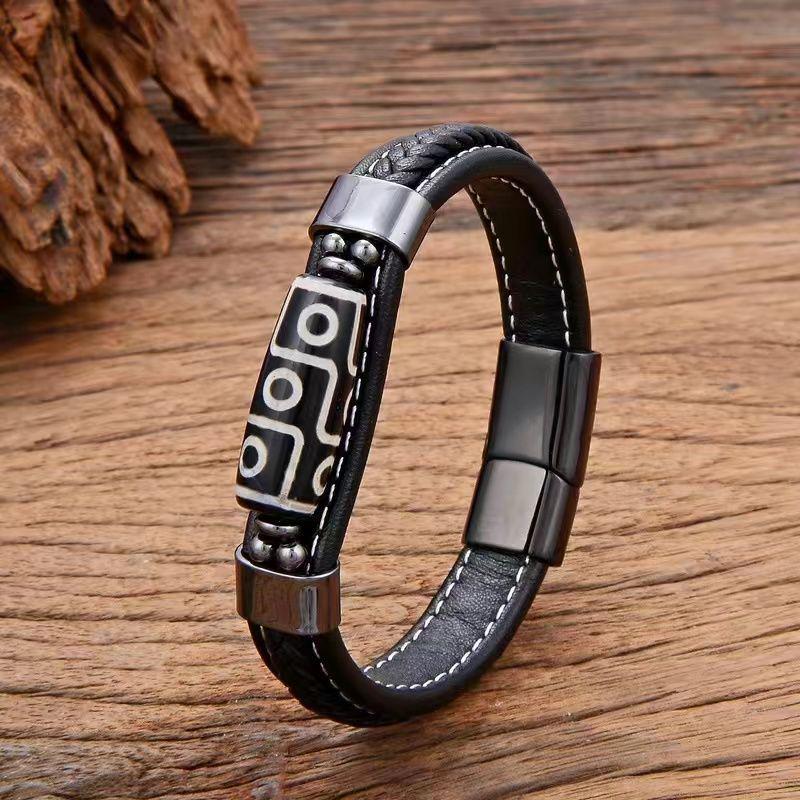 Handmade Black Gold Leather Bracelet with Tibetan Nine-Eyed Dzi Bead - Retro Ethnic Style for Men