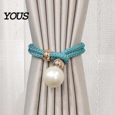 No Drill Curtain Tiebacks 1Pc Faux Pearl Tieback, Woven Rope Adjustable Holder, Stylish Bead End Draperies Holder for Living Room Bedroom