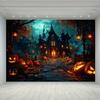 2D 2D Planar Halloween Polyester Background Banner | | | Demon House and Pumpkin Theme | Suitable for Parties and Decorations