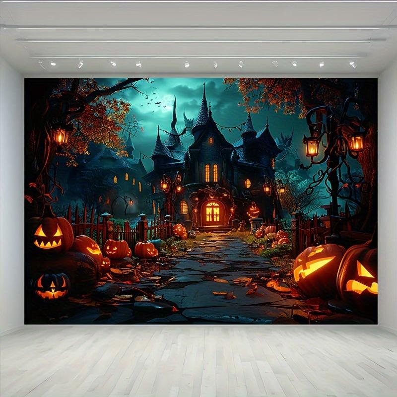2D 2D Planar Halloween Polyester Background Banner | | | Demon House and Pumpkin Theme | Suitable for Parties and Decorations