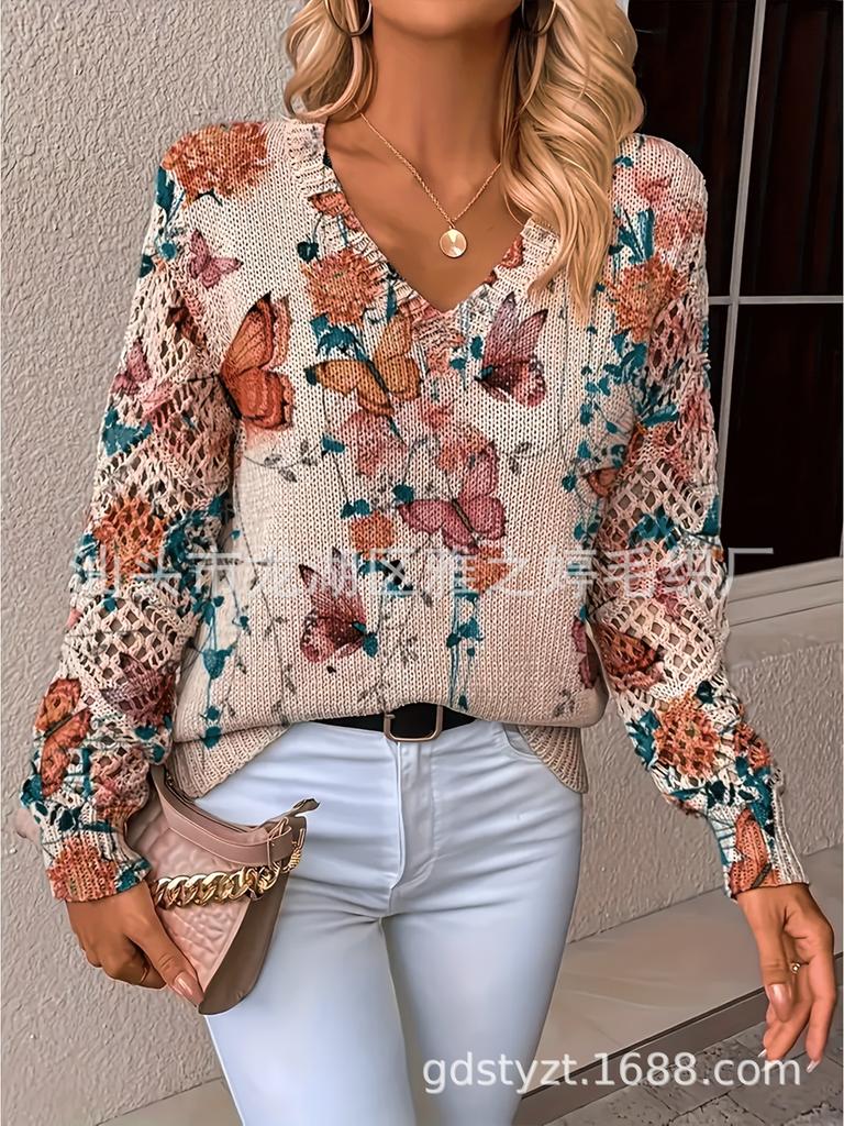 Neues bedrucktes V-Ausschnitt-Oberteil Damen beliebter Pullover Langarm Frühling und Herbst Pullover