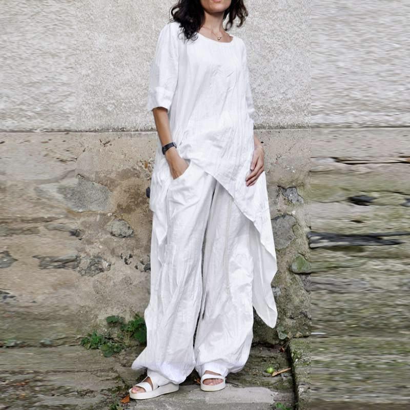 Conjunto de dos piezas de lino de color liso, manga media irregular, para mujer, traje de pantalón ancho informal de gran tamaño