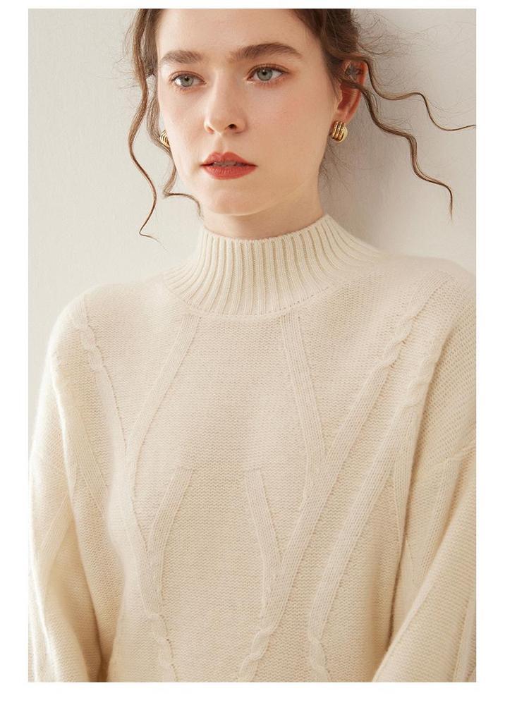 Women's Drop Shoulder Cashmere Pullover Sweater - Thickened Jacquard Knit, Half-High Neck, Long Sleeve, Versatile Loose Fit.