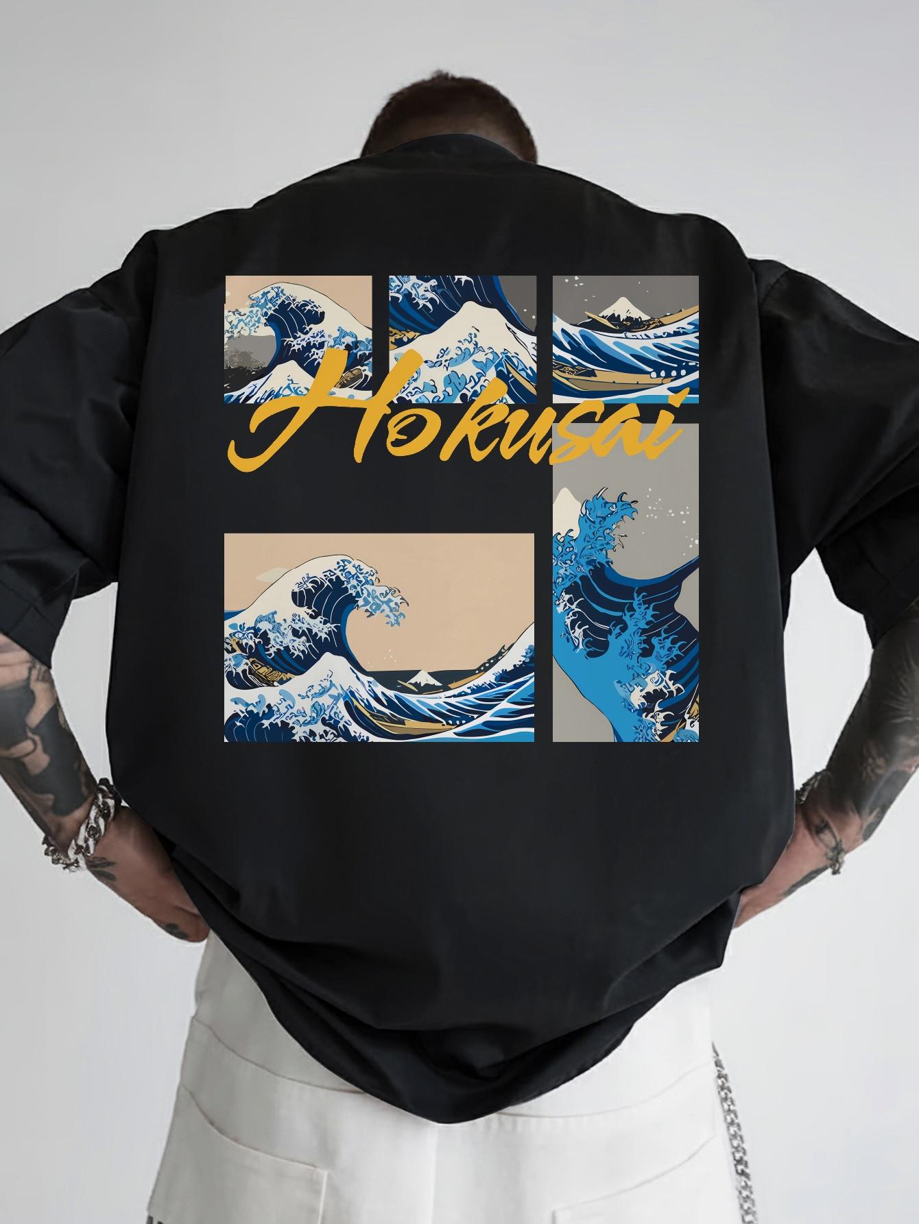 

Japanese Great Wave Off Kanagawa Back Print T-shirt - Black Crew Neck Casual Summer Tee M