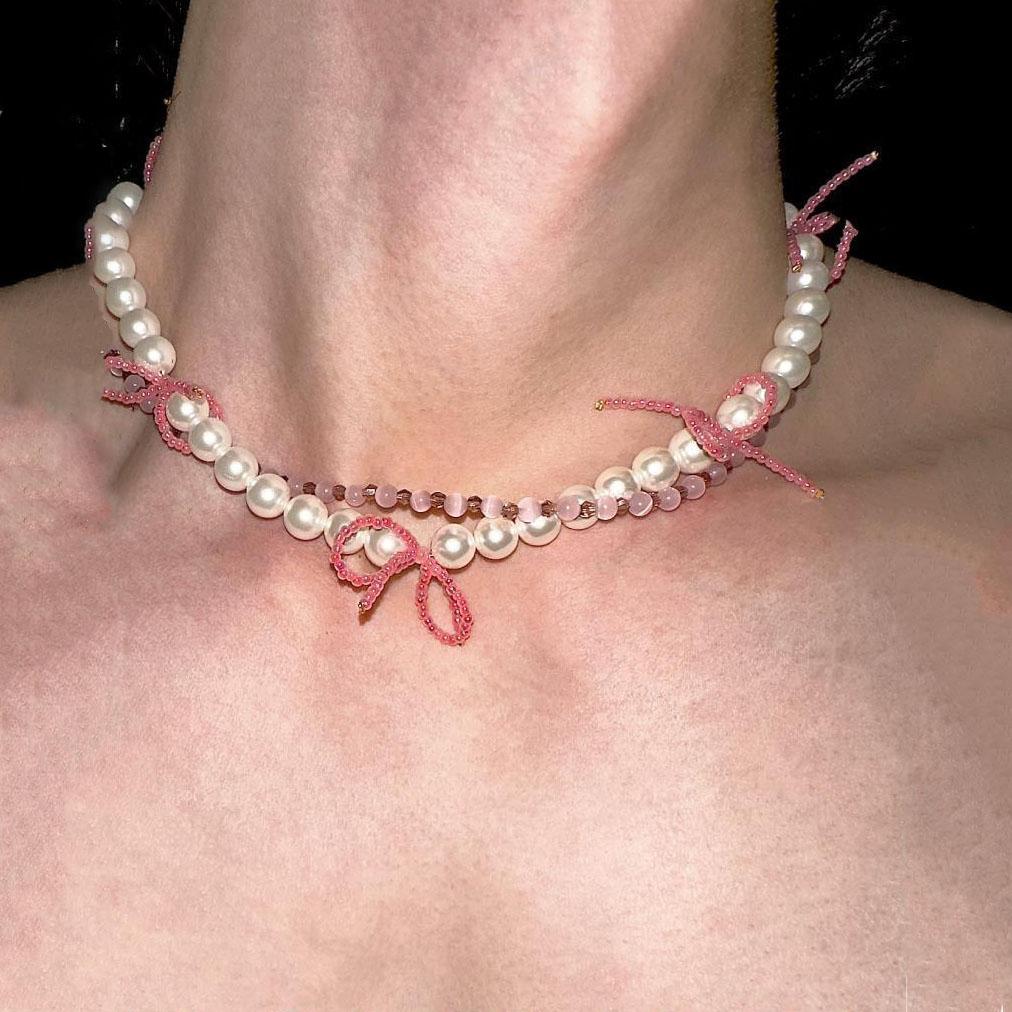 

Y2K Pink Beaded Pearl Bow Necklace for Men Women Romantic Pink Opal Delicate Multilayer Winding Choker Collarbone Chain Zircon
