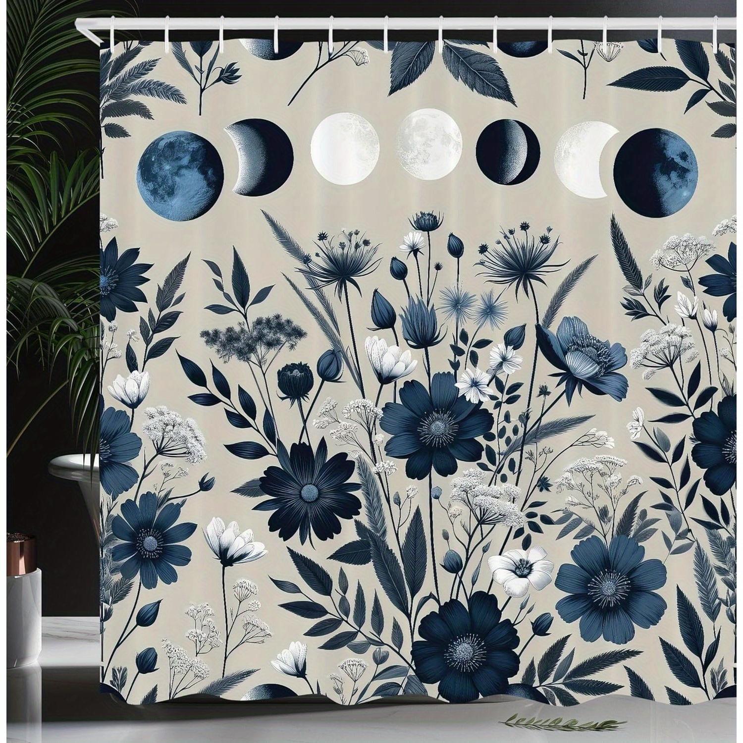 

Vintage Floral & Moon Phase Shower Curtain - Navy Blue Wildflowers & Full Moon, Durable Polyester with Hooks W90xH180cm