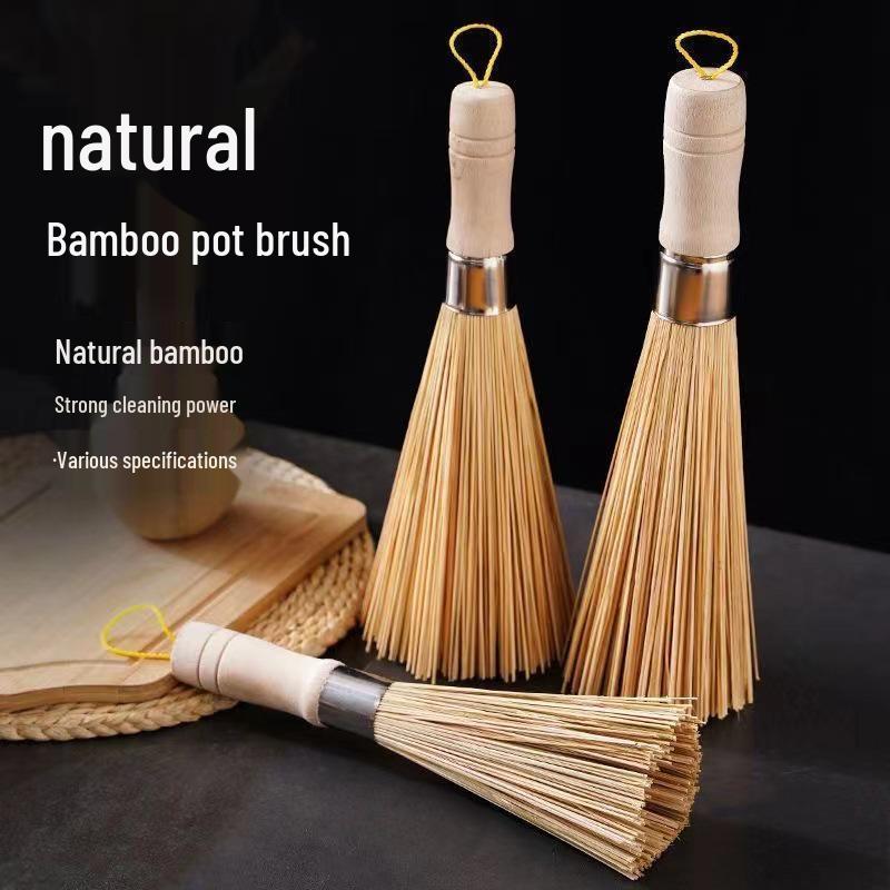 Bamboo Long Handle Pot Brush - Non-Stick Oil Stain Remover for Kitchen Cleaning
