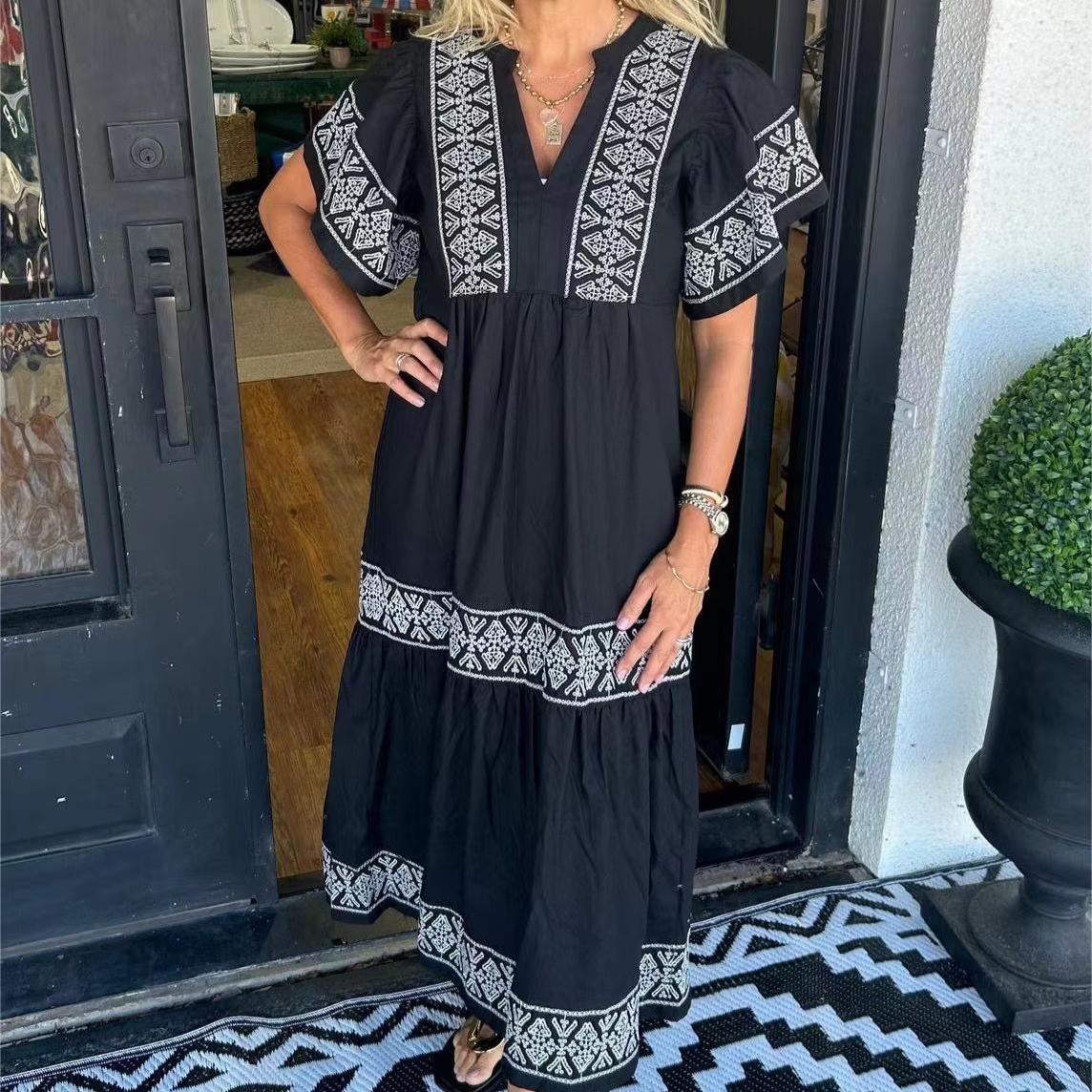 

Осеннее богемное женское длинное платье с V-образным вырезом и рукавом, А-силуэта, элегантные платья, женское повседневное свободное праздничное пляжное платье S