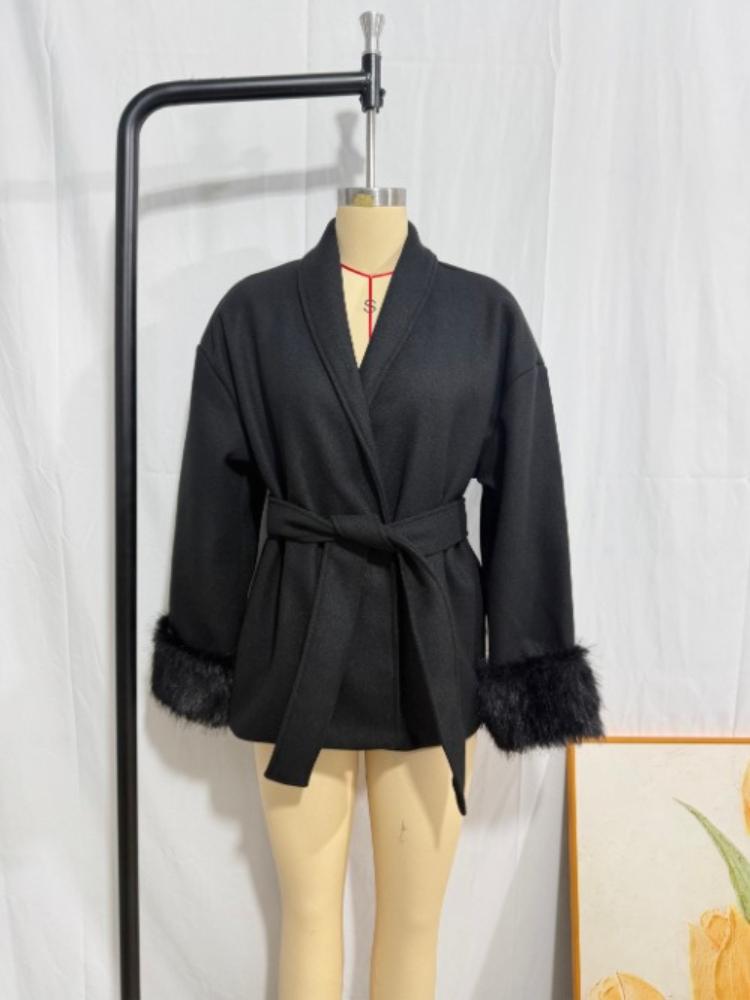Women's Long Sleeve Oversized White Fur Trim Collar Casual Coat