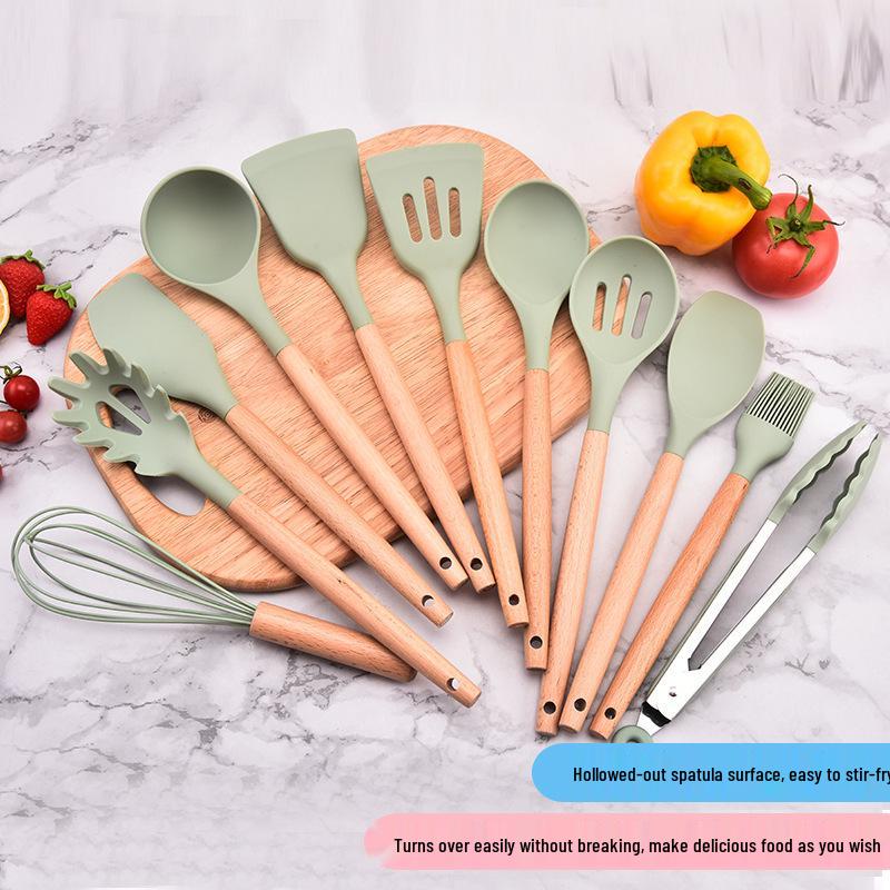 12-teiliges Silikon-Küchenutensilien-Set mit Holzgriffen und Aufbewahrung