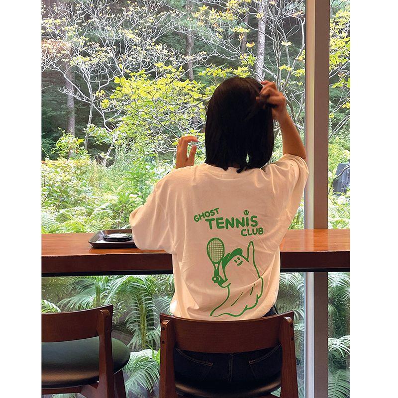 Tennis Niche American vintage Sports Style Tennis Ghost Pure Cotton Casual Loose Fitness Short sleeve T-shirt Women