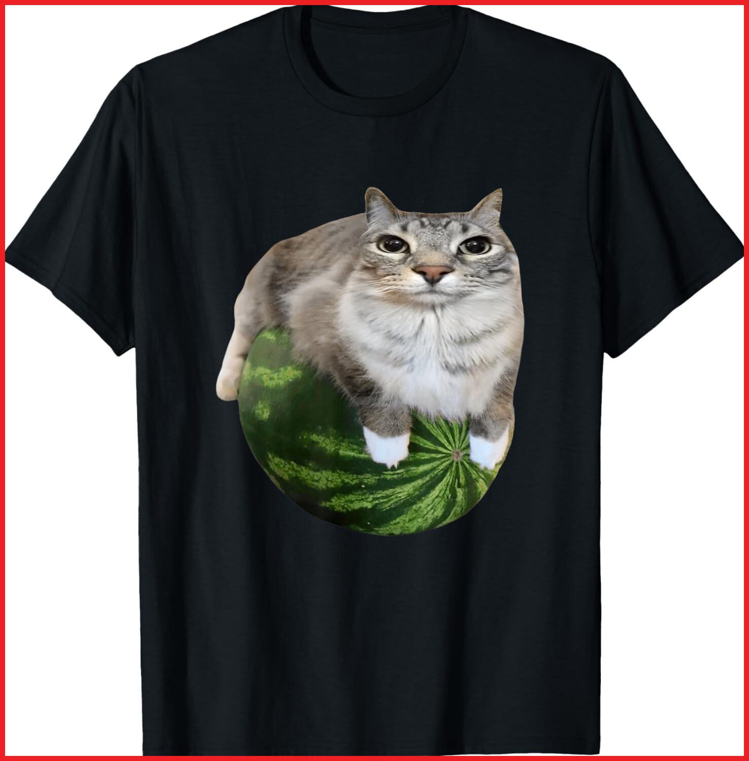 Watermelon Cat Silly Cat Meme black T-Shirt S-5XL XXL