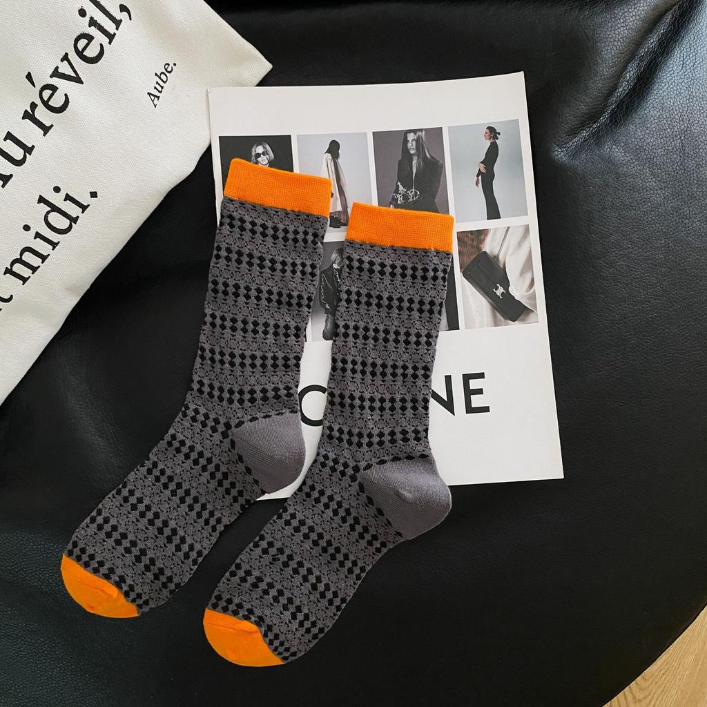 Xiaohongshu Same Summer Thin Mesh Breathable Cutout Socks Trendy Versatile Simple Contrasting Mid-Leg Socks