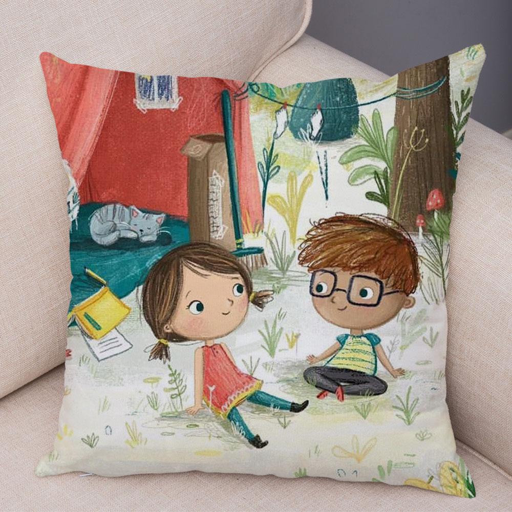 Super Soft Plush Pillow Case for Sofa Home Watercolor Cartoon Girl Cushion Cover Decor Fairy Tale World Lovely Child Pillowcase
