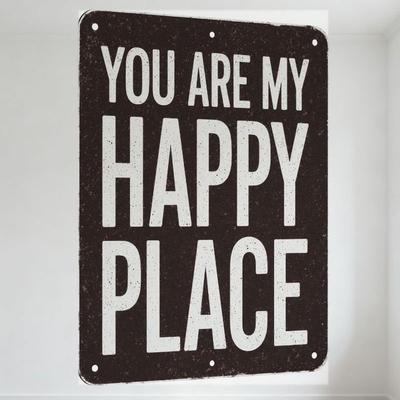 Vintage You Are My Happy Place Metallschild, Dunkelbrauner/Schwarzer Hintergrund mit Distressed Weißem Text, Rustikale Retro Wanddeko f