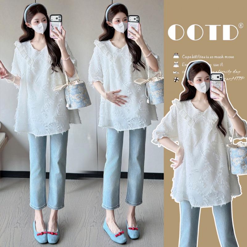 

Korean Style V-Neck Short Sleeve Maternity Top - Fashionable, Age-Reducing Doll Shirt for Summer M білий