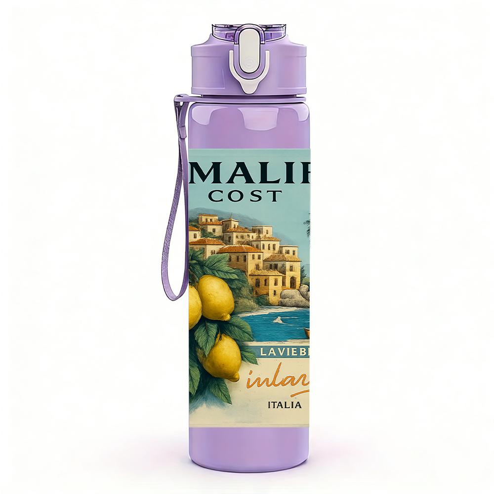 1PC Amalfi Coast Vintage Poster 750ml Color Plastic Sports Water Bottle Leakproof Flip Straw Lid For Sports Office Home Use