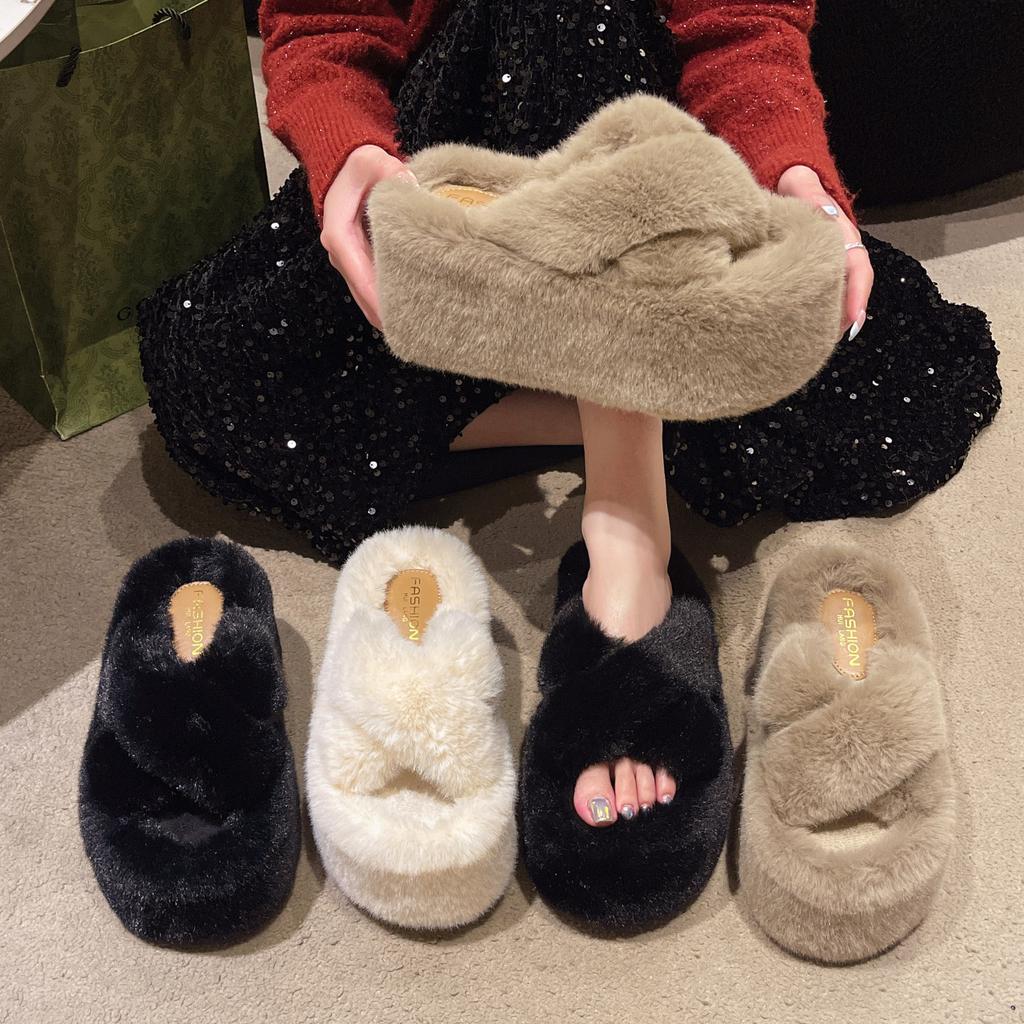 Thick-soled heightening fluffy slippers for women to wear in autumn and winter, with wedge heels, small high heels, and versatile cotton slippers.