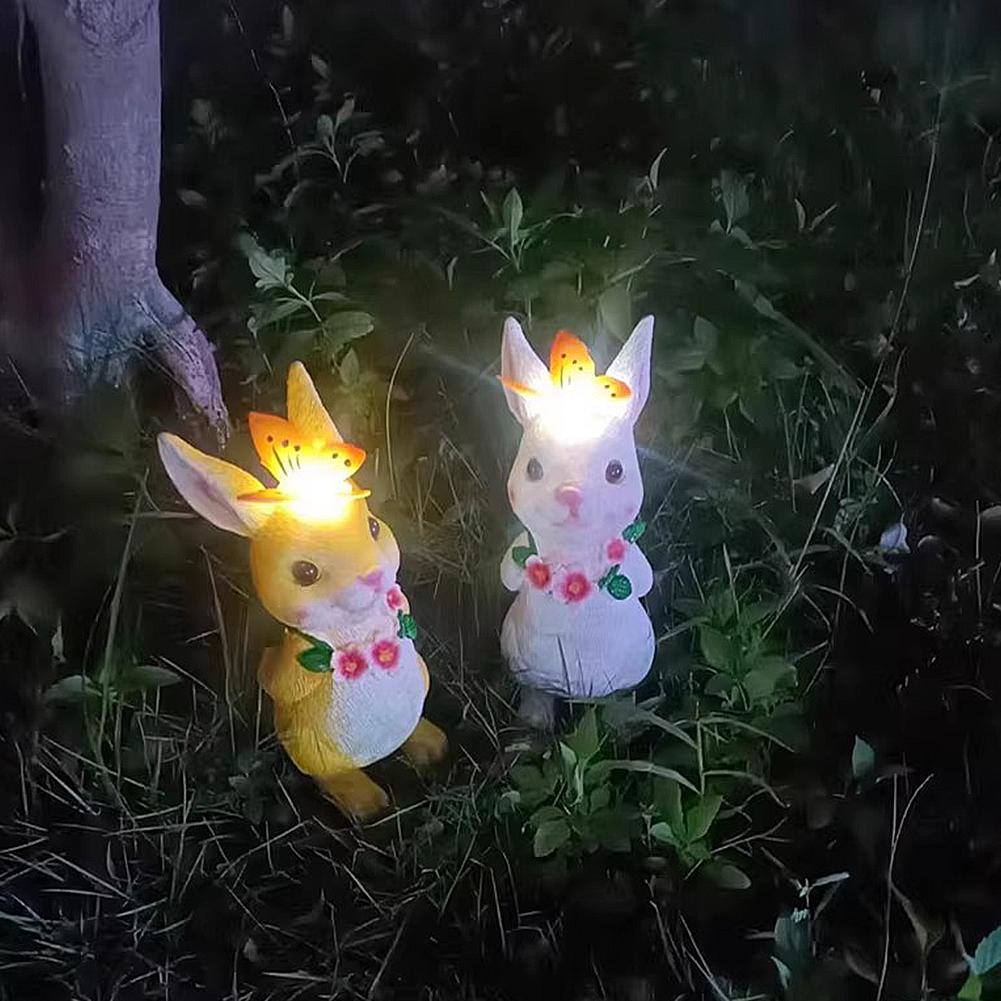 Solar Cute Rabbit Night Light Resin Rabbit Statue Night Lamp Creative Rabbit Butterfly Figurine Light Easter Outdoor Decoration