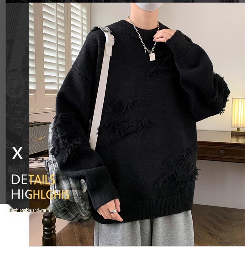 Autumn Winter Men's Solid Color Casual Knit Sweater - Stylish, Loose, Versatile.