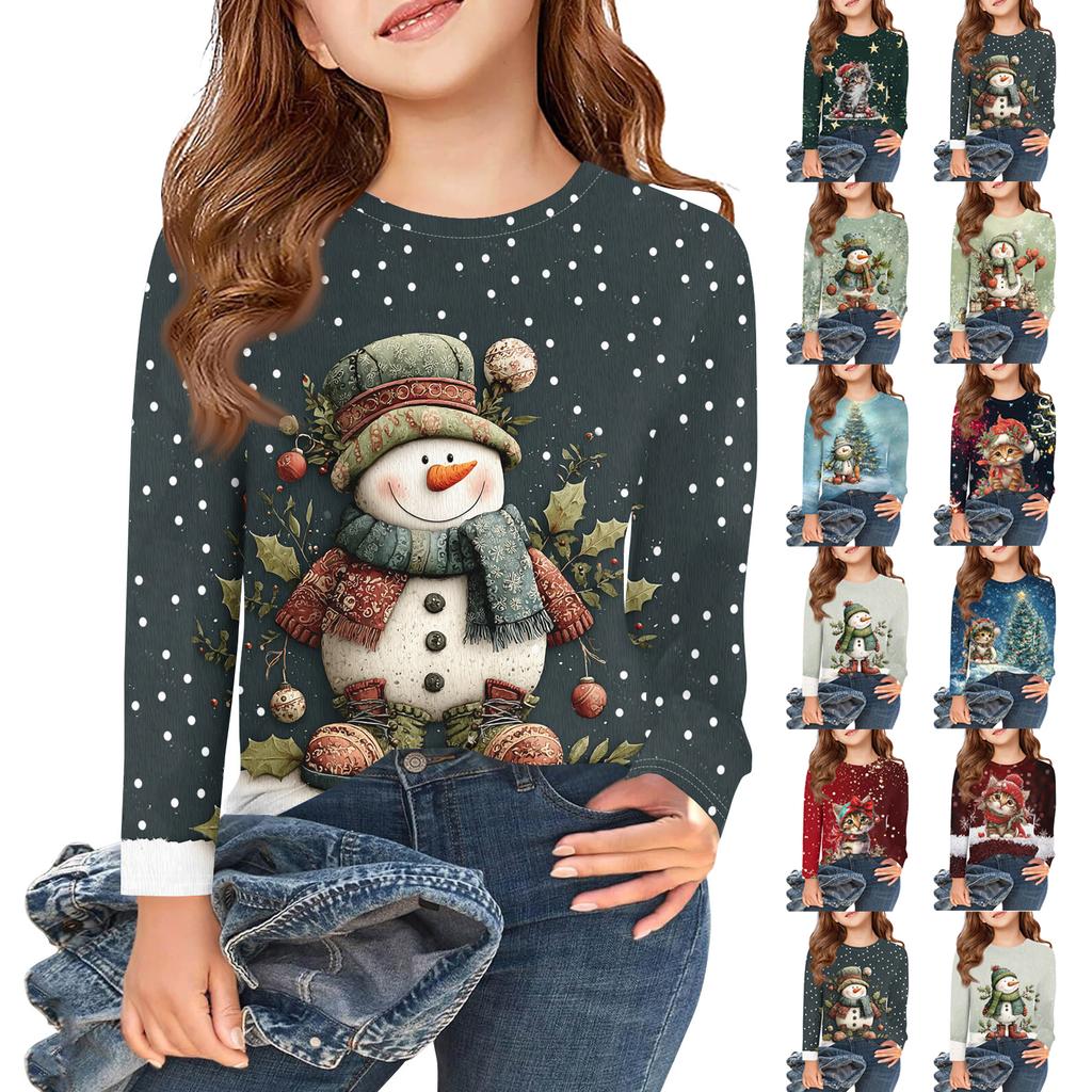 Christmas Day Girls Long Sleeve T Shirts Kids Fall Tops Crewneck Printed Basic Tees