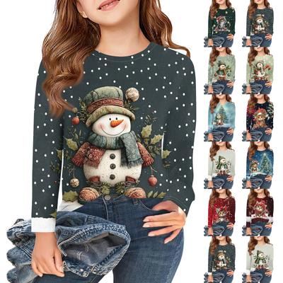 Weihnachtstag Mädchen Langarm T-Shirts Kinder Herbst Oberteile Rundhalsausschnitt Bedruckte Basic T-Shirts