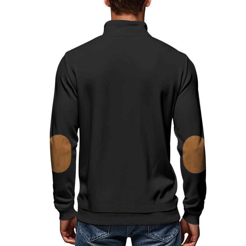 Men's Fleece-Lined Zip-Up Stand Collar Patchwork Contrast Colour Henley Long-Sleeved Casual Sweatshirt for Autumn/Winter