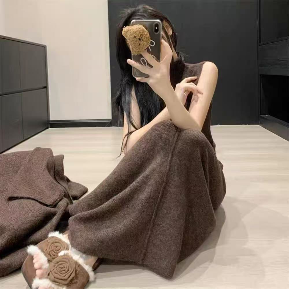 

Длинный вязаный кардиган свитер платье с высоким воротом комплект из двух предметов One size коричневый