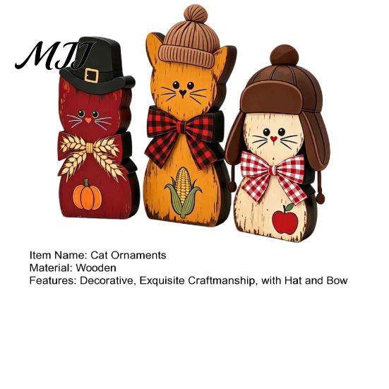 2D Flat Cat Ornaments 3Pcs Christmas Wooden with Hat and Bow Tie, Decorative Decor Thanksgiving Tabletop Figurines, Cute Desktop Decoration