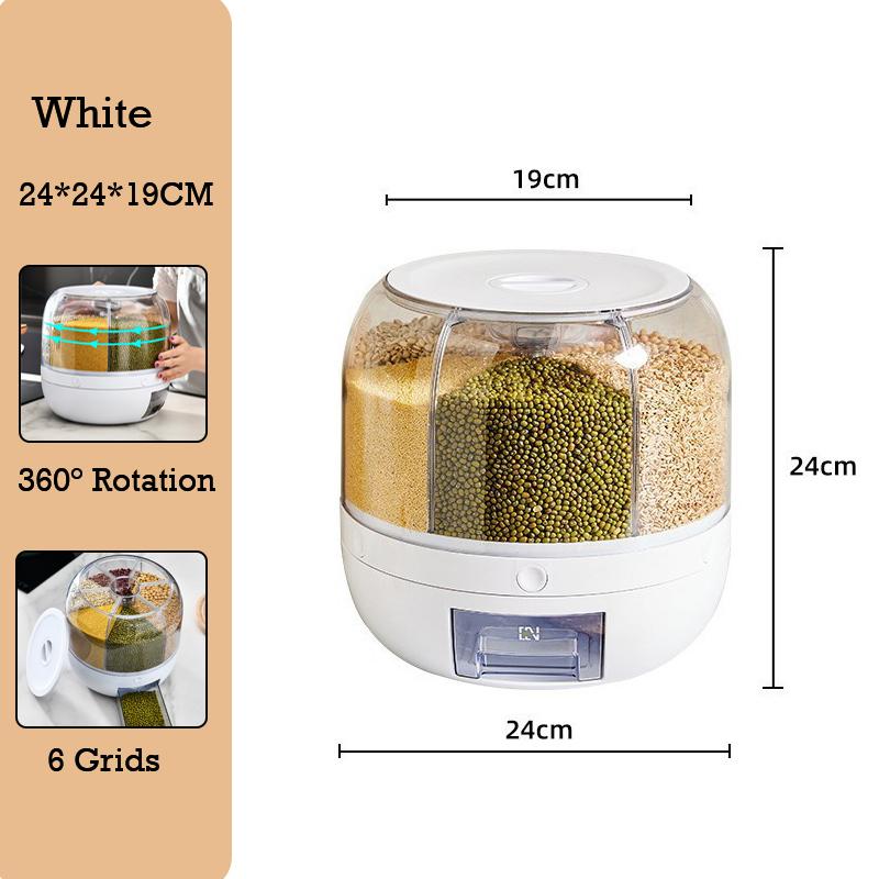 Вращающийся на 360 градусов ящик для хранения риса с крышкой, 6 сеток, бочка для хранения зерна, герметичный влагостойкий пищевой контейнер, кухонный органайзер L белый
