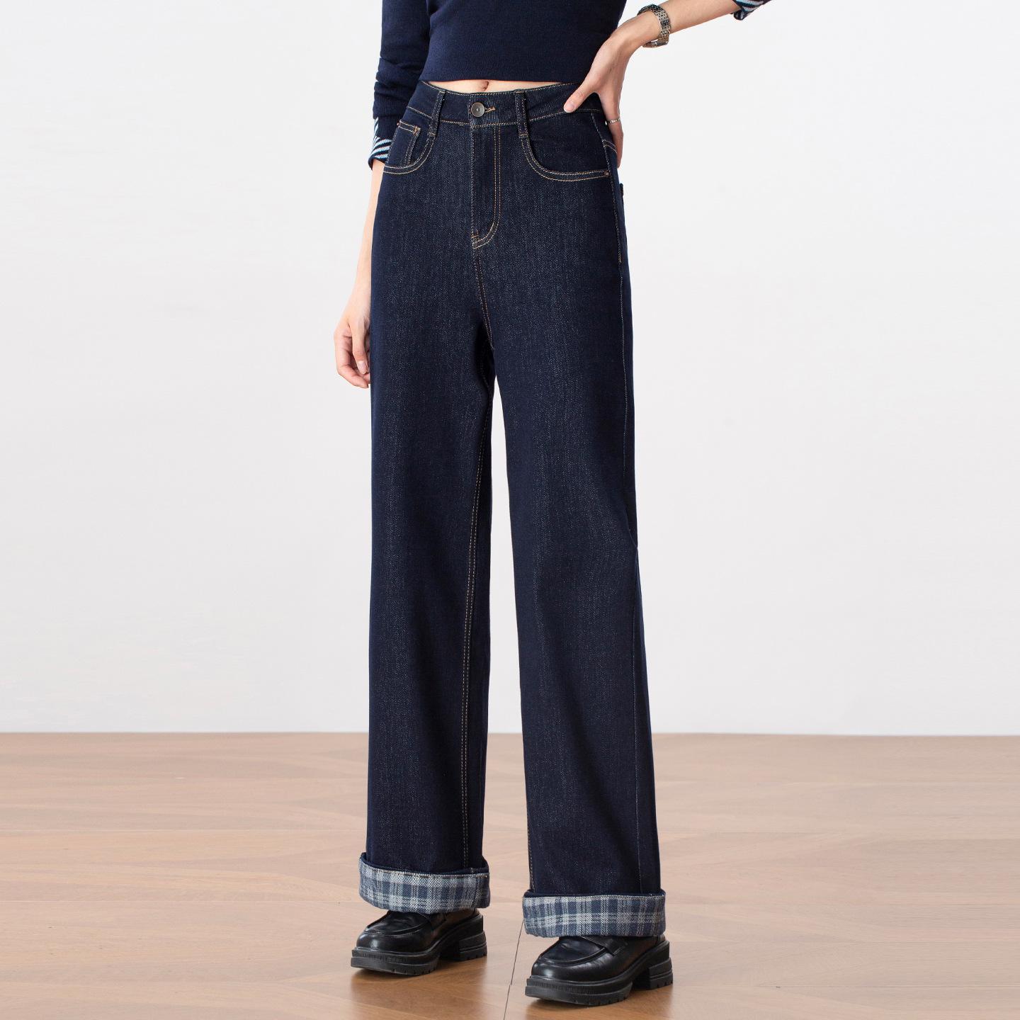 

Женские клетчатые джинсы с широкими штанинами и манжетами, Осень 2025 - Новый дизайн в стиле колор-блок Size 27 темно-синий