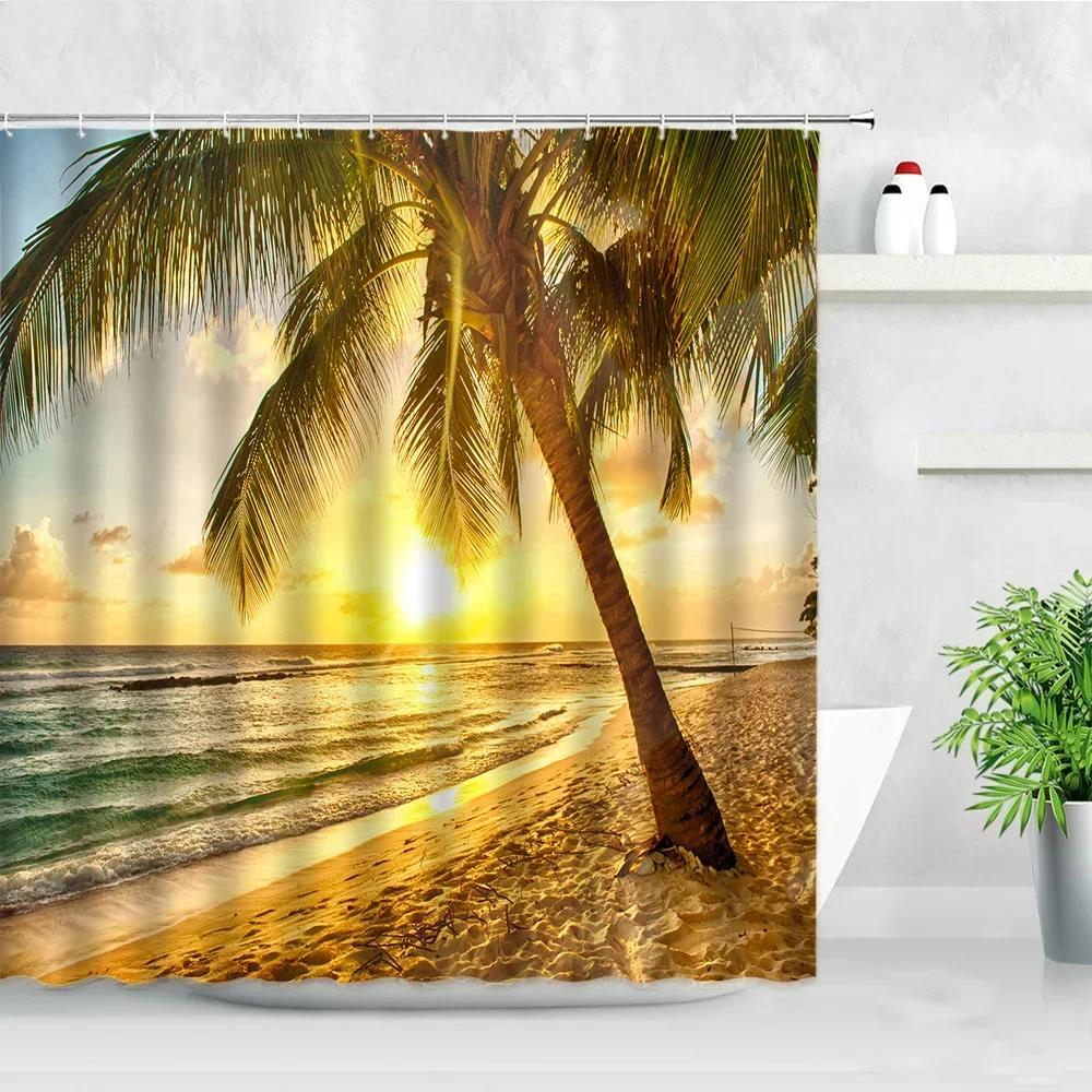 Dusk Sunset Beach Shower Curtains Tropical Ocean Palm Tree Forest Waterfall Nature Scenery Cloth Home Decor Bathroom Curtain Set