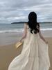 Striped Chiffon Halter Neck Summer Dress with Lace Stitching and Large Swing Skirt