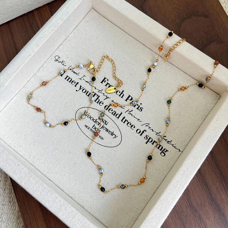 Fashion Retro Natural Stone Splicing Beaded Simple Bracelet Necklace Female Light Luxury Temperament Necklace Bracelet Accessori