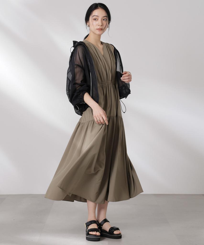 Nano Universe MINOTECH Gathered Tiered Size S (R) V-Neck Dress, Women's, (180), Khaki, 669-5119315