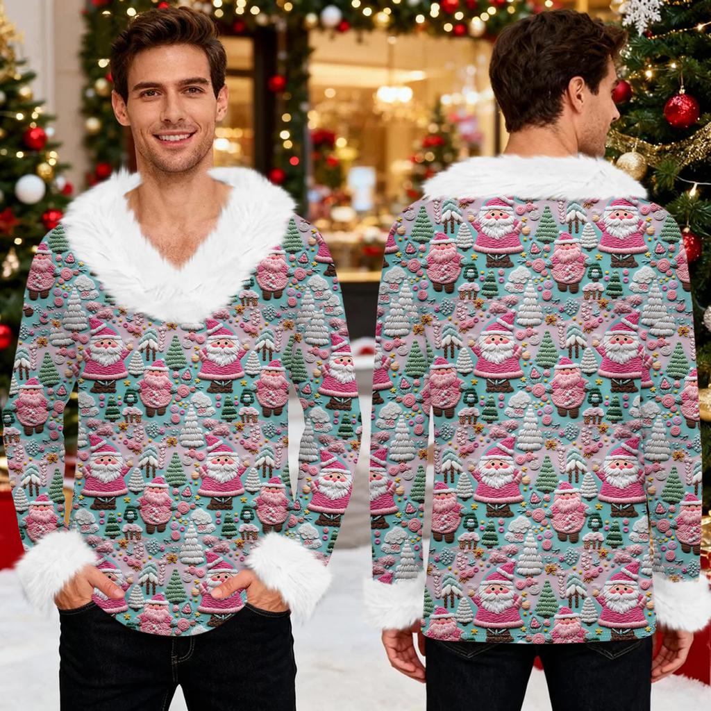 Męska bluza z kapturem z nadrukiem świątecznym, podszyta polarem | Sweter imprezowy z imitacją obszycia i kieszenią | Duży rozmiar, luźny krój, świąteczny pulower