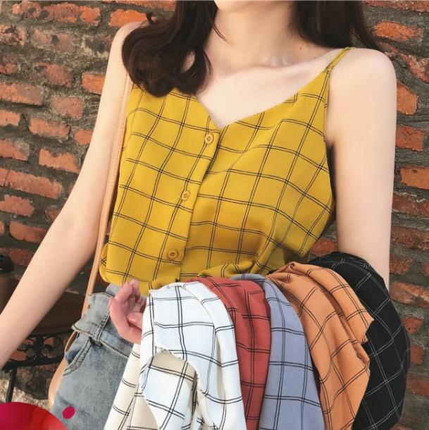 Retro Plaid Chiffon Camisole Vest: Chic Sleeveless Summer Top for Women Large коричневый