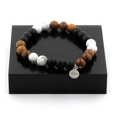 Stones and Minerals. Bracelet Howlite Beads + Matte Black Onyx + Wood 8 Mm. Made In France.
