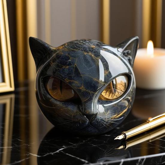 Black Cat Stone Marble Texture Cat Head Sculpture Hand-Carved Healing Stones Keepsake Gift for Cat Lovers Women Men