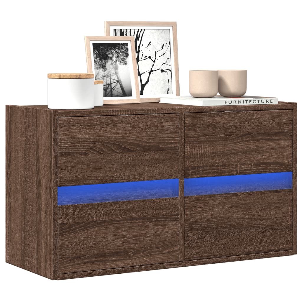 Wall Mounted TV Cabinet with LED Lighting Brown Oak Effect 80 X 31 X 45 Cm