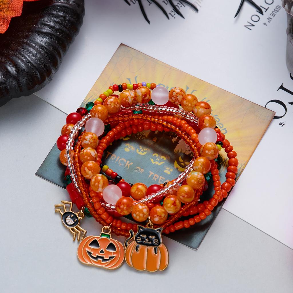 Halloween Spider Bat Multi-layer Stacked Bracelets Set for Women Pumpkin Boo Rice Beaded Bracelets Party Festival Jewelry Gifts