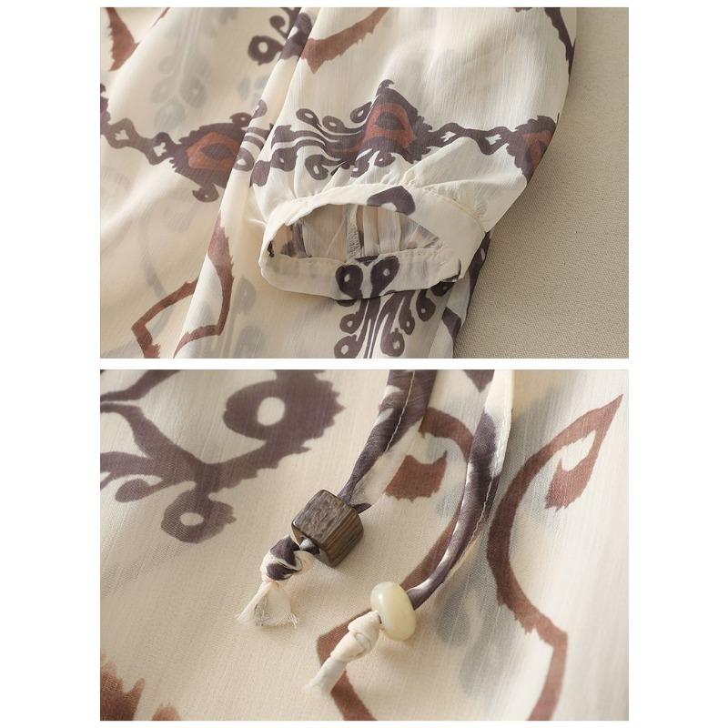 beige ethnic print tie neck three quarter sleeve chiffon blouse for women