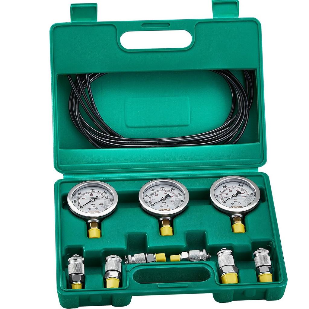 Hydraulic Pressure Test Kit, 250/400/600bar, 3 Gauges 6 Test Couplings 3 Test Hoses, Excavator Hydraulic Test Gauge Set with Portable Carrying Case