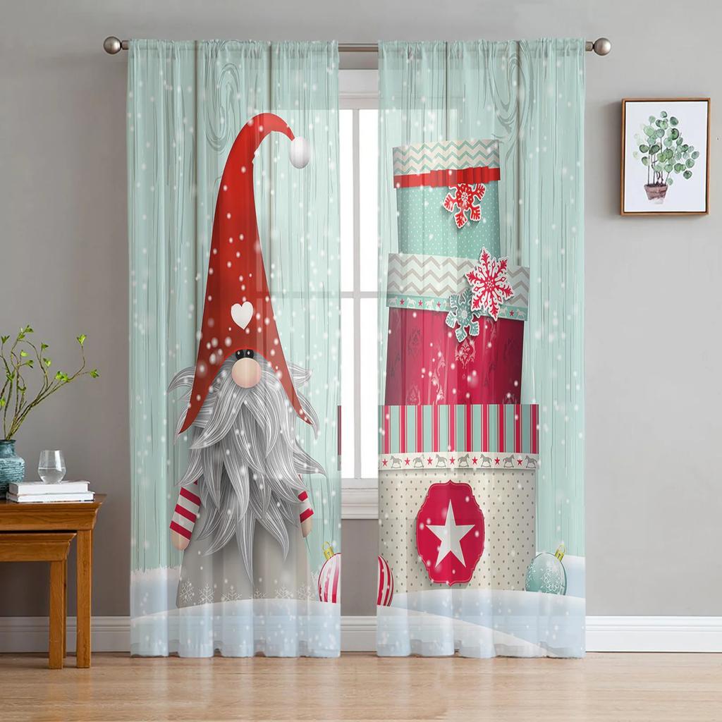 Light Filtering Christmas Snowman Snow Scene Tulle Curtains Living Room Bedroom Decoration Transparent Chiffon Voile Window Curtain Polyester Washable