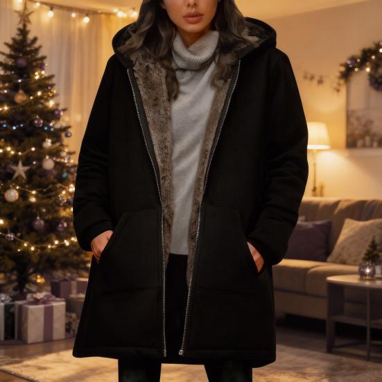 Women's Sherpa Lined Hooded Coat Casual Full Zip Up Long Coat Thicken Winter Warm Fleece Jacket with Pockets