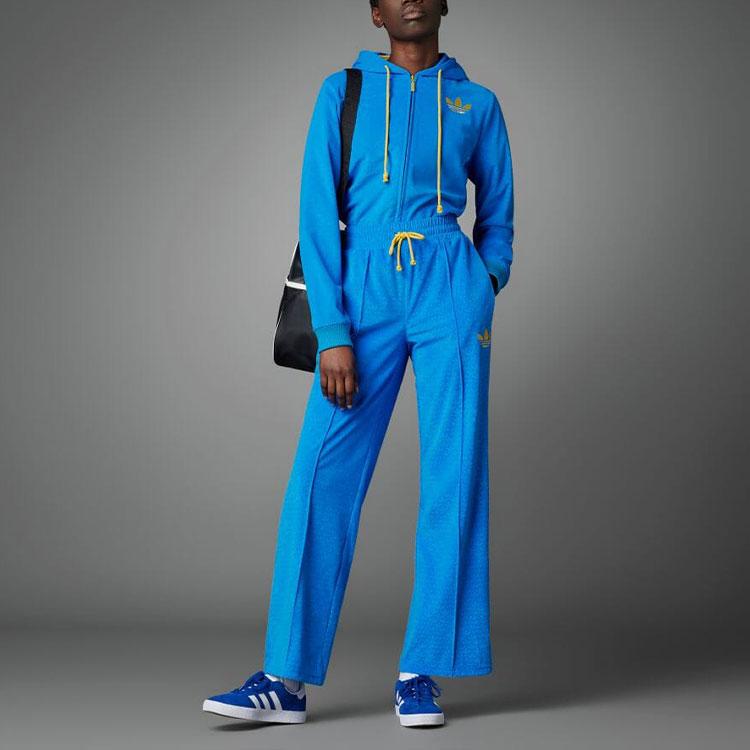 adidas Originals Trefoil Logo Print Zip Hoodie With Drawstring Women Tops Blue IB2046